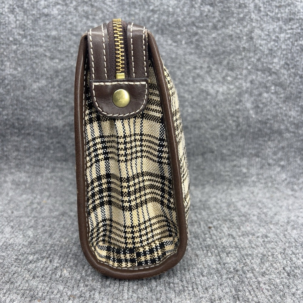 5/A Baker Blanket Cosmetic Toiletry Bag Brown Leather Wool Plaid - Picture 6 of 14